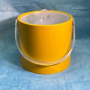 VTG 1970s Ice Bucket Mod Yellow Vinyl w/ Lid Lucite Handle Knob MCM